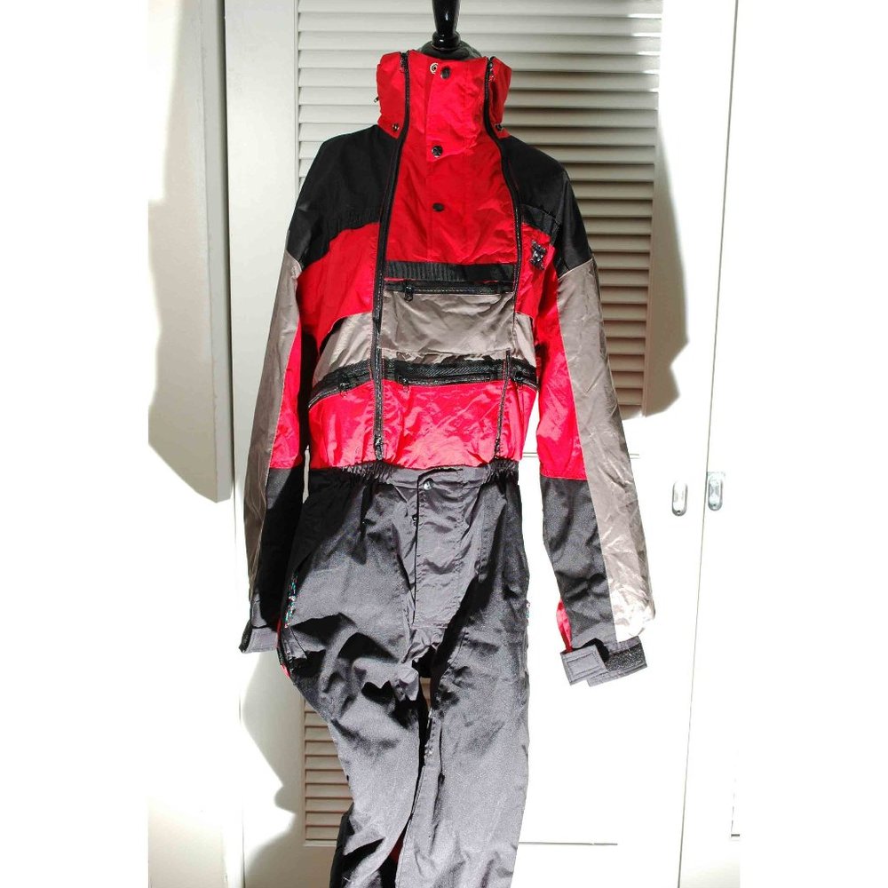 Vintage 80s Ski Snow Suit Red Black Gray Onesie